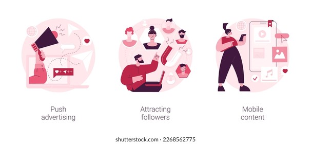Internet promotion abstract concept vector illustration set. Push advertising, attracting followers, mobile content, follow social media page, digital marketing strategy, promotion abstract metaphor.