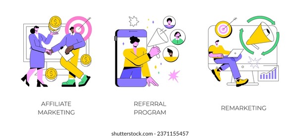 Internet promotion strategy abstract concept vector illustration set. Affiliate marketing, referral program, remarketing, online sales management, targeted advertising, loyalty abstract metaphor.