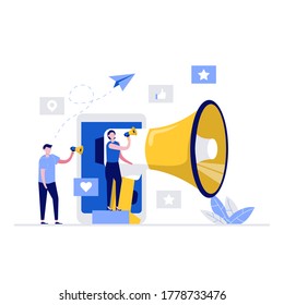 Internet promotion vector illustration concept with characters and a big megaphone. Modern vector illustration in flat style for landing page, mobile app, web banner, infographics, hero images.