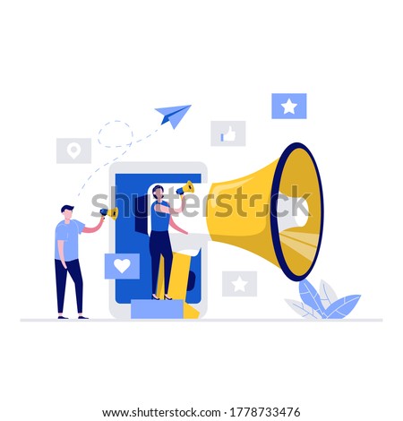 Internet promotion vector illustration concept with characters and a big megaphone. Modern vector illustration in flat style for landing page, mobile app, web banner, infographics, hero images.