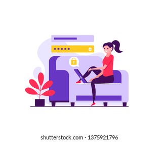 Internet protection concept. Young woman searching internet on sofa with mail, lock and shield. Safe internet. Can use for landing page, ui, web template, app, poster, banner. Vector flat illustration