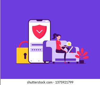 Internet protection concept. Young woman searching internet on sofa with mail, lock and shield. Safe internet. Can use for landing page, ui, web template, app, poster, banner. Vector flat illustration
