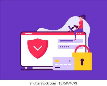 Internet protection concept. Young woman searching internet with password, lock and shield. Safe internet. Can use for landing page, ui, web template, app, poster, banner. Vector flat illustration