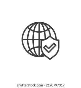 Internet protection line icon. linear style sign for mobile concept and web design. Globe and shield outline vector icon. Symbol, logo illustration. Vector graphics
