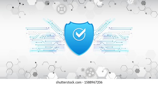 Internet protection privacy concept. Shield icon and internet technology networking connection. Cyber security and networking protection concept. Hi-tech vector illustration