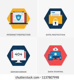 Internet Protection, Internet Protection, Server error, Data Sharing Flat Banners for Websites. Vector Illustration Set About Internet and Security 