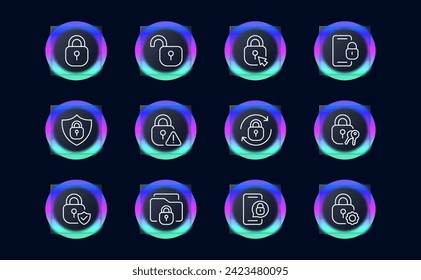 Internet protection set line icon. Castle, server, information, cloud, date, anti virus, hacking. Glassmorphism style. Vector line icon for business and advertising
