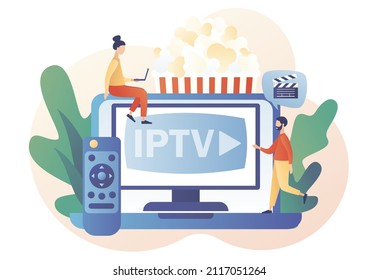 Internet protocol television. IPTV online in laptop. Tiny people watch digital media TV stream. Smart multimedia technology. Modern flat cartoon style. Vector illustration on white background