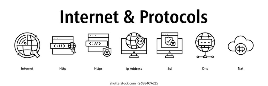Internet e Protocolos banner web ícone vetor ilustração conceito com ícone de internet, http, https, endereço ip, ssl, dns, nat
