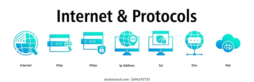 Internet and Protocols banner web icon vector illustration concept with icon of internet, http, https, ip address, ssl, dns, nat
