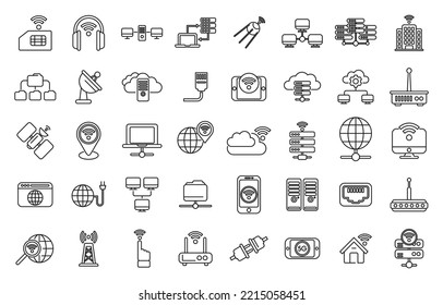 Die Symbole des Internet-Providers setzen den Umrissvektor. Host-Service. Datenserver