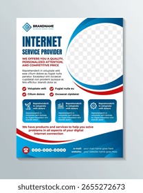 Modelo de folheto de serviços de provedor de Internet com fundo branco. ilustração de vetor de layout vertical com espaço para foto. gradiente azul e vermelho no elemento. ícone e texto design infográfico.
