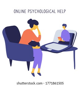 Internet psychologist. Patient discusses problems online with therapist. Mental health adviser leads reception video call. Psychologist coach holds an online session on the internet. Vector