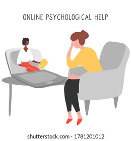 Internet psychologist. Patient discusses problems online with therapist. Mental health adviser leads reception video call. Psychologist coach holds an online session on the internet. Vector