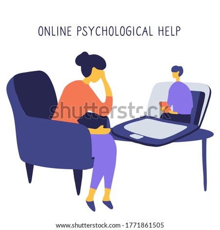 Internet psychologist. Patient discusses problems online with therapist. Mental health adviser leads reception video call. Psychologist coach holds an online session on the internet. Vector