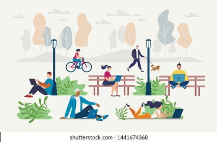 Internet Public Access Point in City Park Flat Vector Concept. Young People Sitting on Bench or Lawn, Distant Working on Laptop, Networking, Messaging Online, Communicating with Friends Illustration