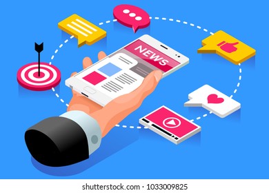 Internet publication webpage of press news article. Web concept. Isometric icons vector design.