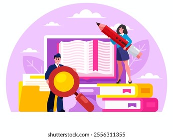 Internet publishing. Businessman holding a huge magnifying glass. Businesswoman stands with a huge pencil. Business reporting. Accounting. Digital Library concept. Online book application. E-Library