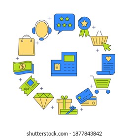 Internet purchase round concept poster in line style. E-business banner with online commerce symbols. Vector illustration.