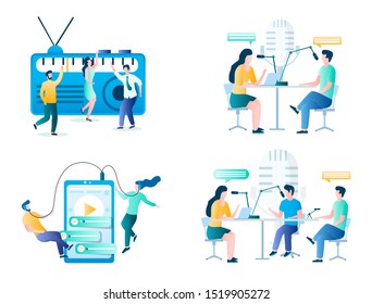 Internet radio, vector illustration set isolated on white background. Online radio, podcast making and listening concept for website page, web banner etc.