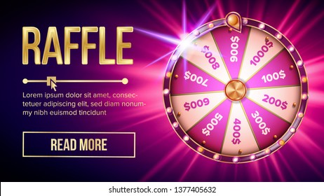 Internet Raffle Roulette Fortune Banner Vector. Shiny Raffle Casino Spinning Wheel For Game And Win Jackpot Online Lottery Marketing Concept. Realistic Style Colorful Stock Illustration