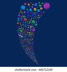 Internet random fireworks stream. Vector illustration style is flat bright multicolored iconic symbols on a blue background. Object fountain done from scattered icons.