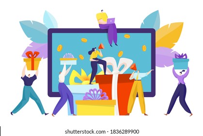 Internet referral gift concept, vector illustration. People near promotion screen, business refer marketing for man woman character. Smartphone bonus, money in flat mobile app design.