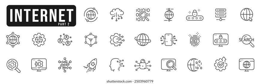 Mit dem Internet verbundener Zeilensymbolsatz. Globe, Benutzer, Verbindung, Cloud, Zugriff, Sicherheit usw. Bearbeitbarer Strich. Teil 2