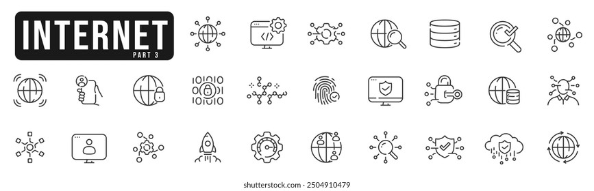 Conjunto de iconos de línea relacionados con Internet. Globo, usuarios, conexión, nube, acceso, seguridad, etc. Trazo editable. Parte 3