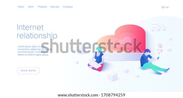 Internet relationship in isometric vector\
illustration. Couple distance dating via online chat in smartphone\
or mobile phone. Millennials in virtual love app. Layout template\
for website landing\
page.