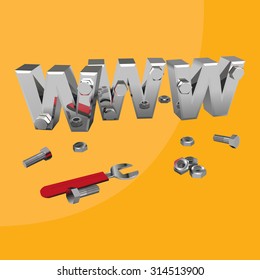 Internet repair: wrench, www, metallic screws and bolts