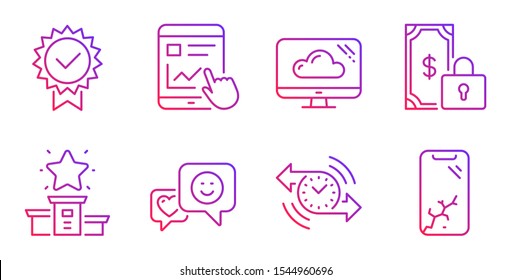 Internet report, Certificate and Smile line icons set. Private payment, Winner podium and Timer signs. Cloud storage, Smartphone broken symbols. Web tutorial, Verified award. Technology set. Vector