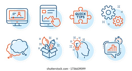 Internet report, Idea and Online video signs. Statistics timer, Quick tips and Speech bubble line icons set. Creativity, Work symbols. Growth chart, Tutorials. Education set. Outline icons set. Vector