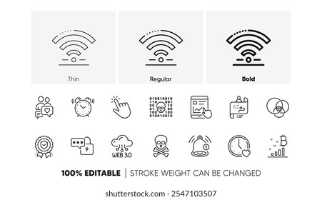 Ícones de relatório da Internet, Caminho de viagem e Linha de lembrete. Pacote de Web3, Relógio despertador, ícone de Cursor. Chat de encontros, eclusa, pictograma de código binário. Perigo químico, medalha de seguro, diagrama de Euler. Vetor