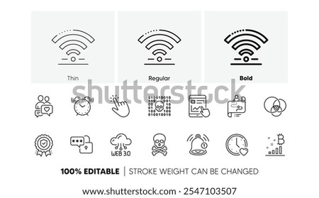 Internet report, Journey path and Reminder line icons. Pack of Web3, Alarm clock, Cursor icon. Dating chat, Lock, Binary code pictogram. Chemical hazard, Insurance medal, Euler diagram. Vector
