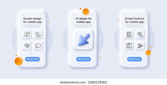 Internet report, Speech bubble and Package size line icons pack. 3d phone mockups with cursor. Glass smartphone screen. Event click, Digestion, Journey web icon. Info, Target pictogram. Vector