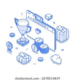 Internet prêmio programa de fidelidade prêmio bônus benefício isométrico vetor ilustração. Concorrência on-line ganhar vitória melhor produto de serviço oferecer troféu ranking conquista ciberespaço avaliação campeonato