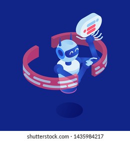Dibujo isométrico vectorial de Internet. Bot futurista, asistente virtual 3d personaje de caricatura. Inteligencia artificial, industria del aprendizaje automático, nanotecnología, tecnología inteligente