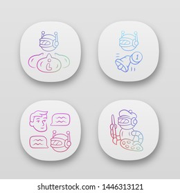 Internet robots app icons set. Chatbot, informational, proactive, art bots. Cybernetics. Artificial intelligence, AI. UI/UX user interface. Web or mobile applications. Vector isolated illustrations