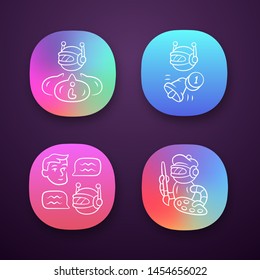 Internet robots app icons set. Chatbot, informational, proactive, art bots. Cybernetics. Artificial intelligence. UI/UX user interface. Web or mobile applications. Vector isolated illustrations
