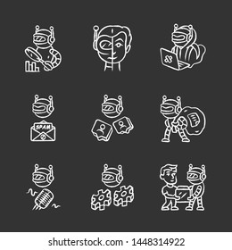 Internet robots chalk icons set. Hacker, voice, spam, impersonator, monitoring, work, scraper. Software program. Artificial intelligence. Isolated vector chalkboard illustrations