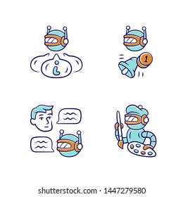 Internet robots color icons set. Chatbot, informational, proactive, art bots. Sending messages, notifications. Technology, cybernetics. Artificial intelligence, AI. Isolated vector illustrations