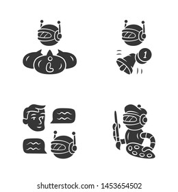 Internet robots glyph icons set. Chatbot, informational, proactive, art bots. Technology, cybernetics. Artificial intelligence. Silhouette symbols. Vector isolated illustration