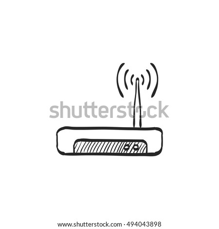 Internet router icon in doodle sketch lines. Connection data networking WiFi computer