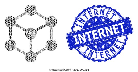 Internet rubber round seal and vector fractal composition cube nodes. Blue seal has Internet tag inside round shape. Vector mosaic is designed from randomized cube nodes icons.