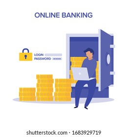 Internet Safety. Account verification online banking concept. Flat vector  character with open safe purple and yellow illustration. Money behind the open door of the bank vault. Username, password.