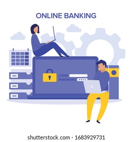 Internet Safety. Account Verification And Online Banking Concept. Character Purple Yellow Illustration. Sign In To Account, User Authorization, Login Authentication Page Concept. Username, Password.