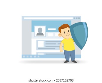 Internet Safety For Children. A Boy With A Shield On The Background Of A Browser Window With Profile In Social Networks. Parental Control Function. Vector Illustration, Isolated On White.