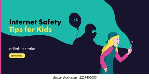 internet safety for children, kids security on social media, privacy protection online, education about personal data, cyber bulling. vector illustration banner of girl scrolling phone and hacker