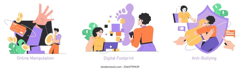 Internet Safety Day set. Awareness on online manipulation, digital footprint, and anti-bullying. Illustrates potential dangers and preventive actions. Vector illustration.